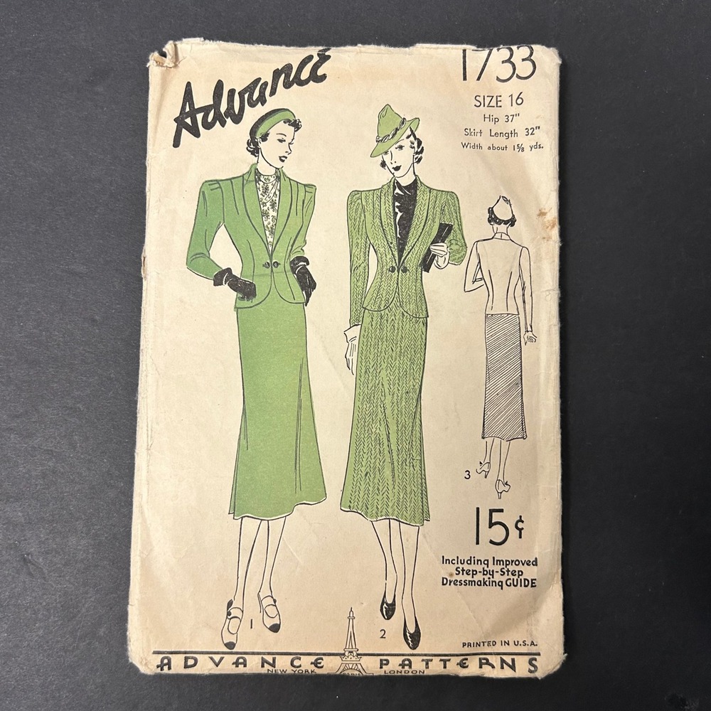 Vintage 30's Advance Sewing Pattern 1733 Women Size 16 Suit Skirt